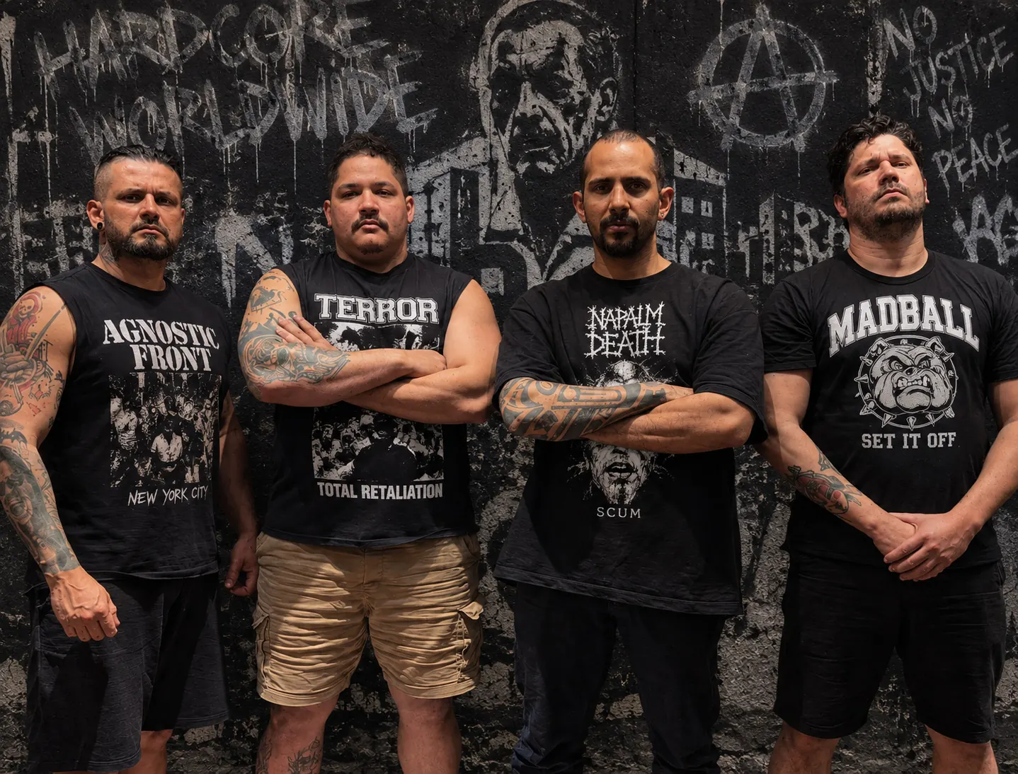 Os quatro integrantes da formação atual da Best Foe, de braços cruzados diante de um muro preto grafitado com a frase Hardcore Worldwide.